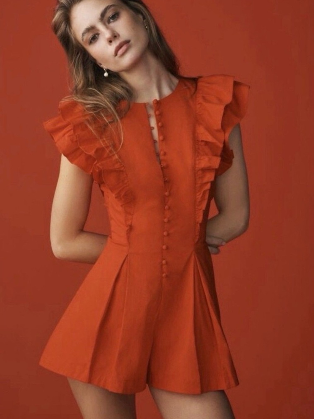 Maeve Ruffled Button-Front Orange Romper